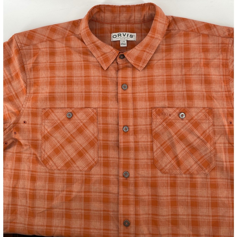 Orvis Hiking Shirt Mens Large Orange Plaid Short Sleeve Camp Outdoor Utility